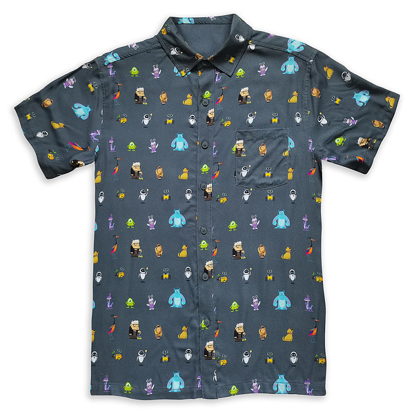 A whimsical world of Pixar characters are patterned all over this collared camp shirt with ''aloha spirit.''. You'll laugh. you'll cry. You'll wear it again and again!