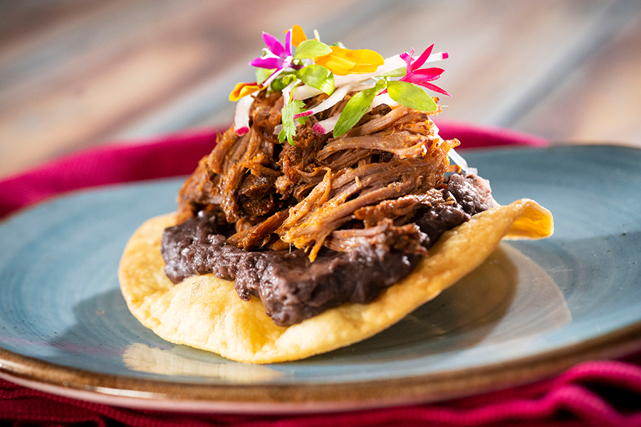 Pork Tostada: Fried Corn Tortilla topped with Chipotle Black Beans, Roasted Pork, Fresh Salsa Verde, Onions, and Cilantro 
